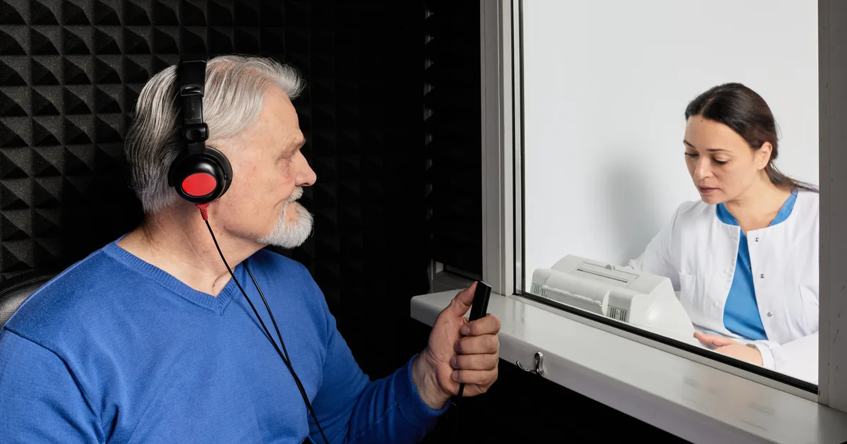 Audiologist conducting a hearing test in a soundproof booth