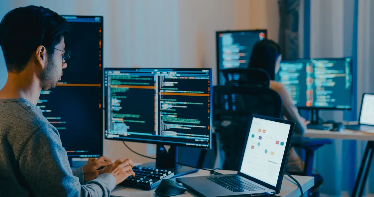 IT consultants working together at development workstations