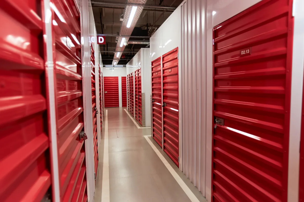 Rows of roll-up doors at a self-storage facility