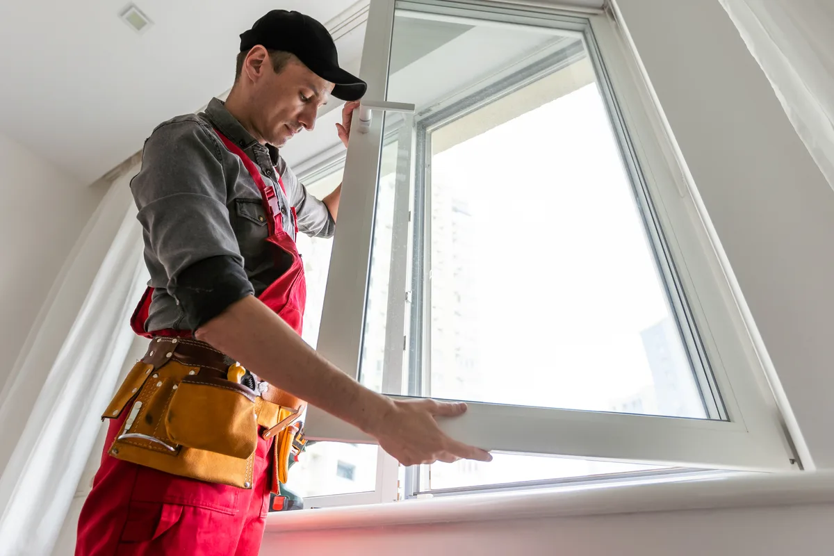 Installer fitting a replacement window into the opening of a house